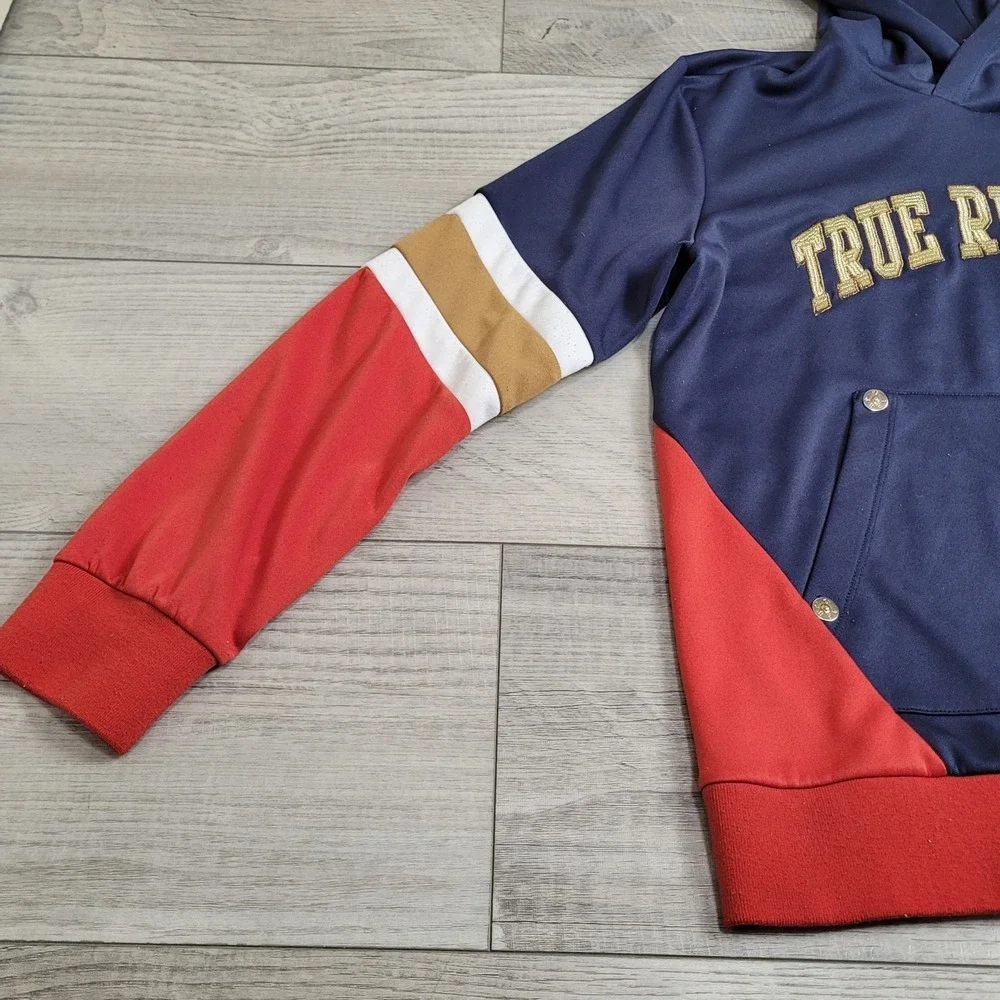 🧡Vintage True Religion Hoodie Unisex L Color Block Embroidered Sweatshirt Y2K